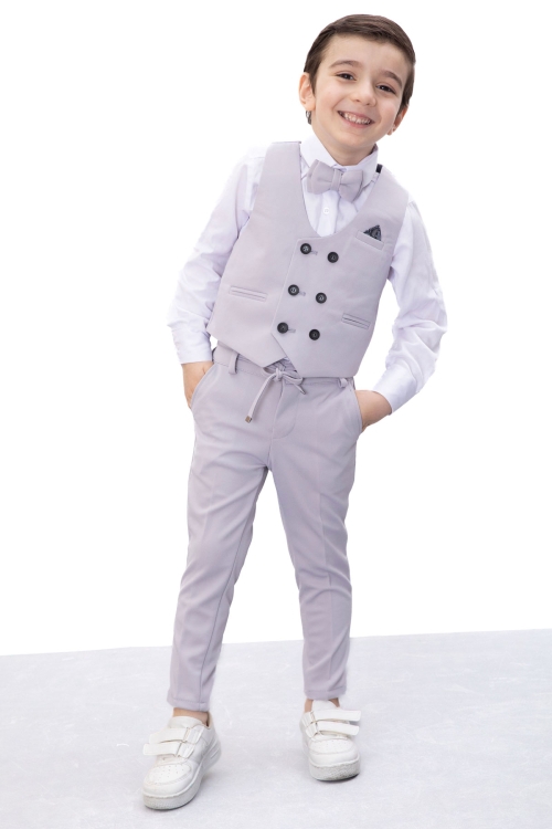 Gri Düğmeli Yelekli Papyonlu Gömlekli Erkek Çocuk 4lü Takım Elbise 20544