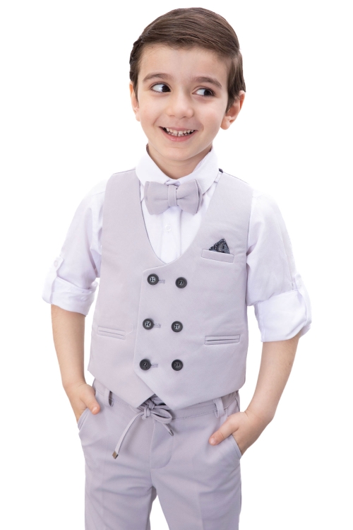 Gri Düğmeli Yelekli Papyonlu Gömlekli Erkek Çocuk 4lü Takım Elbise 20544