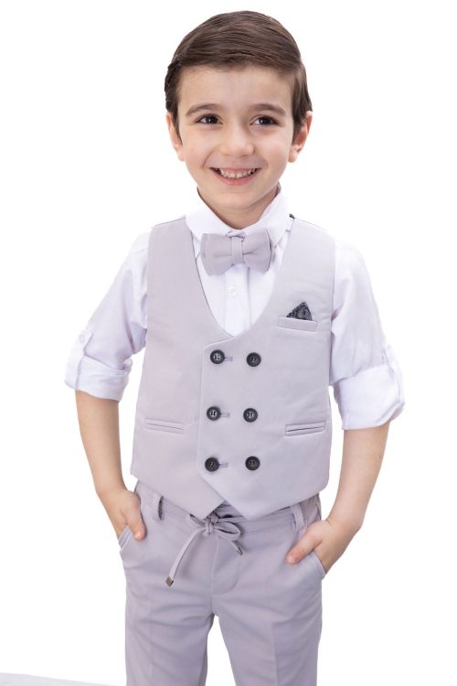 Gri Düğmeli Yelekli Papyonlu Gömlekli Erkek Çocuk 4lü Takım Elbise 20544