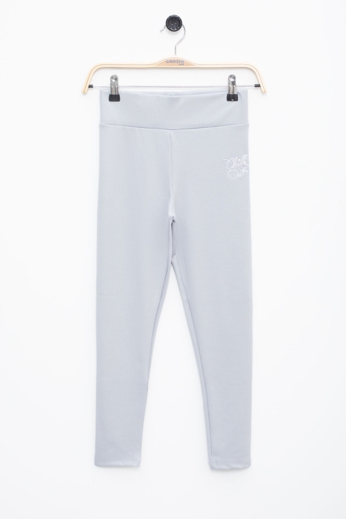 Gri Fitilli Yazı Nakışlı Kız Çocuk Basic Tayt 18876