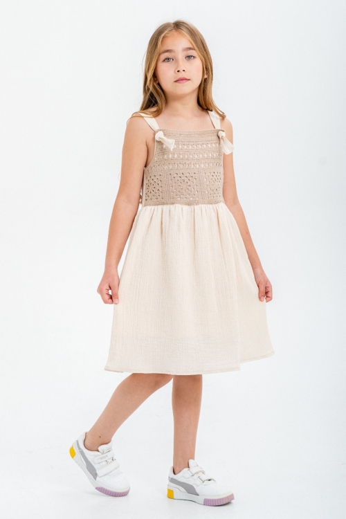 Kahve Dantel Detaylı Müslin Kız Çocuk Elbise 21086