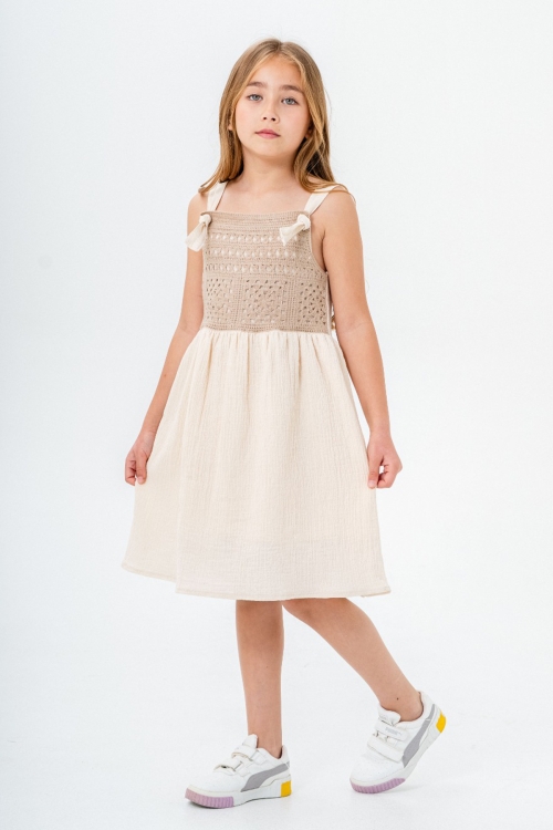 Kahve Dantel Detaylı Müslin Kız Çocuk Elbise 21086