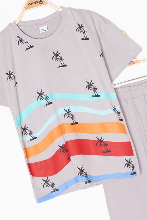 Gri Palmiye Desenli Bisiklet Yaka Erkek Çocuk Şortlu Takım 20630