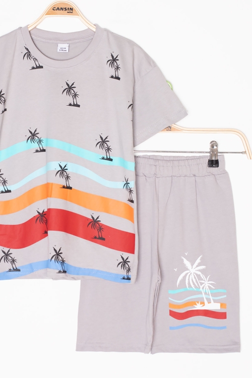 Gri Palmiye Desenli Bisiklet Yaka Erkek Çocuk Şortlu Takım 20630