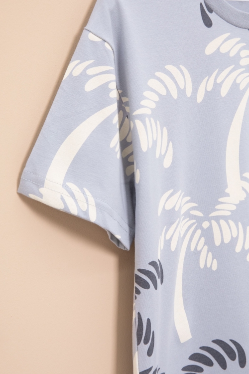 Gri Palmiye Desenli Yazılı Cepli Erkek Çocuk Bisiklet Yaka Tişört 20930