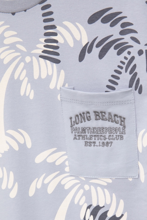 Gri Palmiye Desenli Yazılı Cepli Erkek Çocuk Bisiklet Yaka Tişört 20930