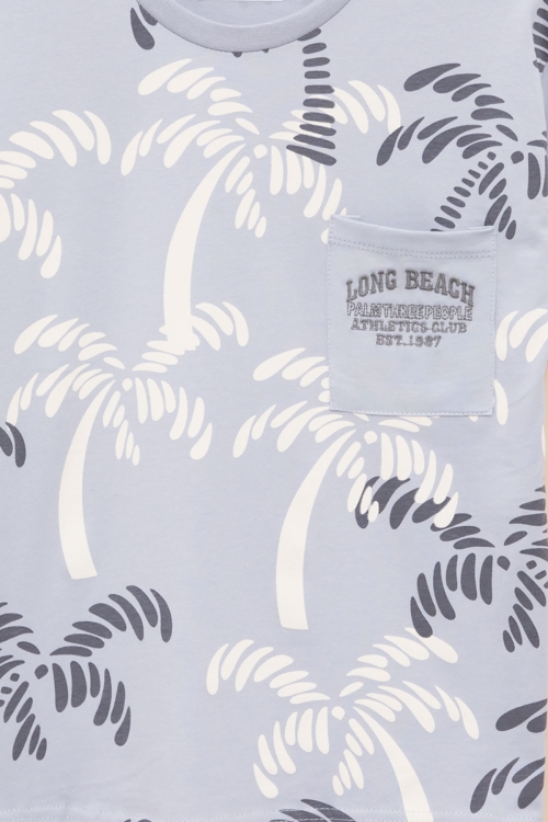 Gri Palmiye Desenli Yazılı Cepli Erkek Çocuk Bisiklet Yaka Tişört 20930