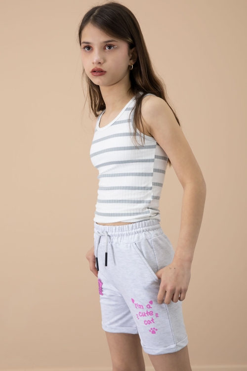 Gri Patili Cute Baskılı Kız Çocuk Beli Lastikli Şort 20727
