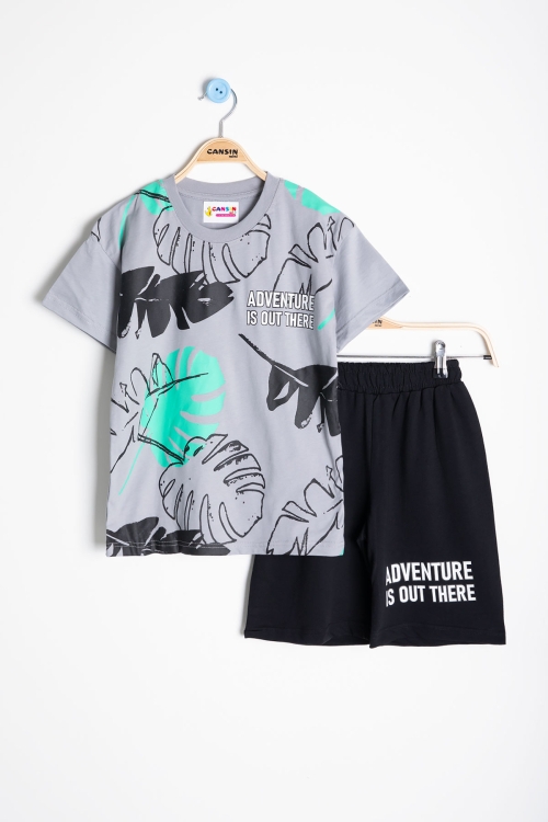 Gri Yaprak Baskılı Bisiklet Yaka Erkek Çocuk 2li Şortlu Takım 21055