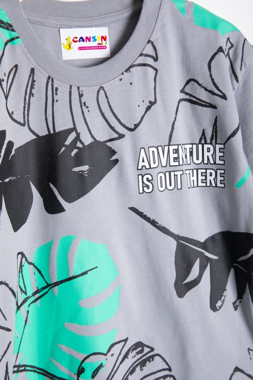 Gri Yaprak Baskılı Bisiklet Yaka Erkek Çocuk 2li Şortlu Takım 21055