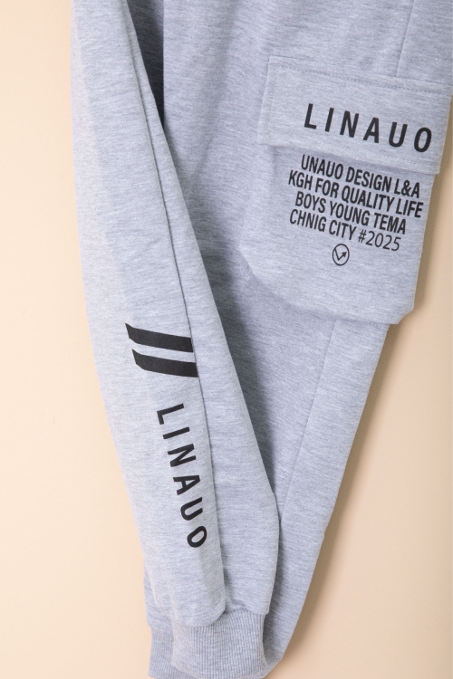 Gri Yazı Baskılı Cepli Erkek Çocuk Beli Lastikli Eşofman Altı 20203