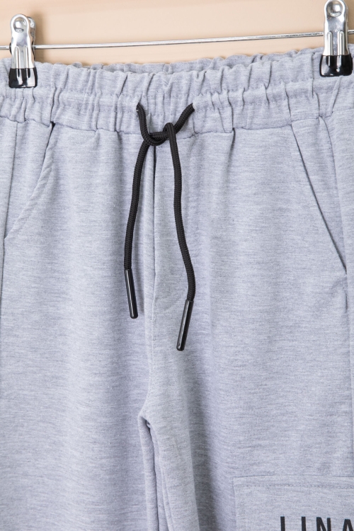 Gri Yazı Baskılı Cepli Erkek Çocuk Beli Lastikli Eşofman Altı 20203