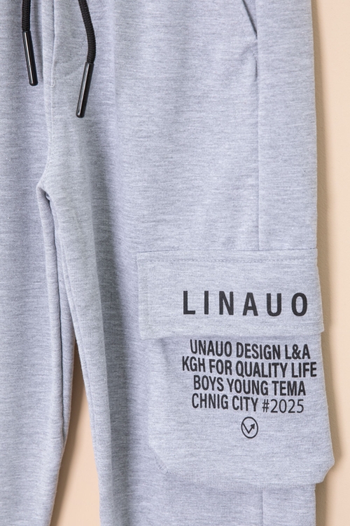 Gri Yazı Baskılı Cepli Erkek Çocuk Beli Lastikli Eşofman Altı 20203