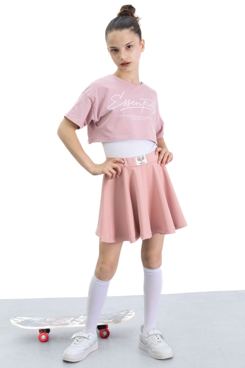 Gül Kurusu Beli Lastikli Fitilli Kız Çocuk Tenis Eteği 21042