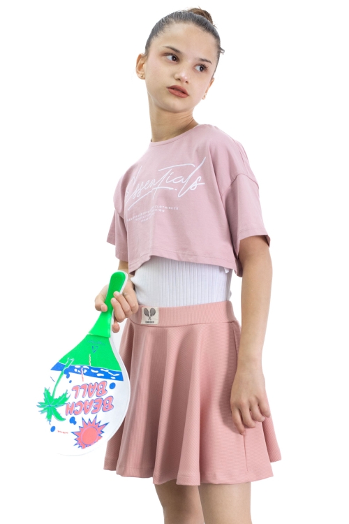 Gül Kurusu Beli Lastikli Fitilli Kız Çocuk Tenis Eteği 21042