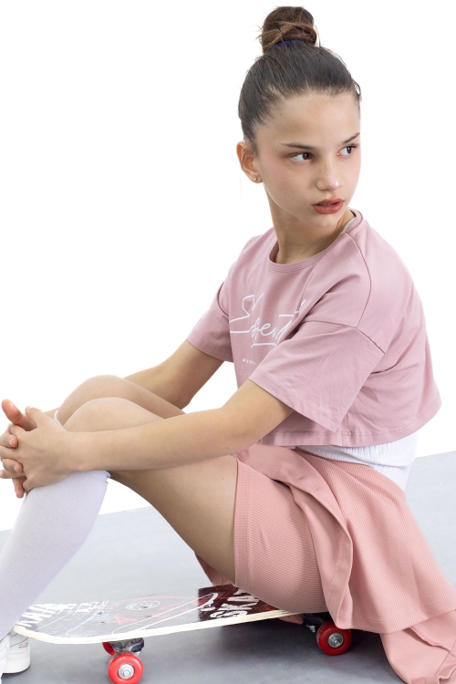 Gül Kurusu Beli Lastikli Fitilli Kız Çocuk Tenis Eteği 21042