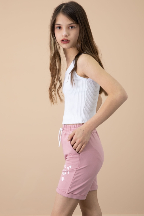 Gül Kurusu Patili Cute Baskılı Kız Çocuk Beli Lastikli Şort 20728