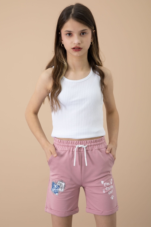Gül Kurusu Patili Cute Baskılı Kız Çocuk Beli Lastikli Şort 20728