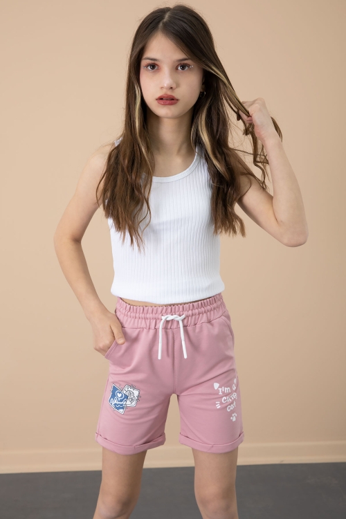 Gül Kurusu Patili Cute Baskılı Kız Çocuk Beli Lastikli Şort 20728