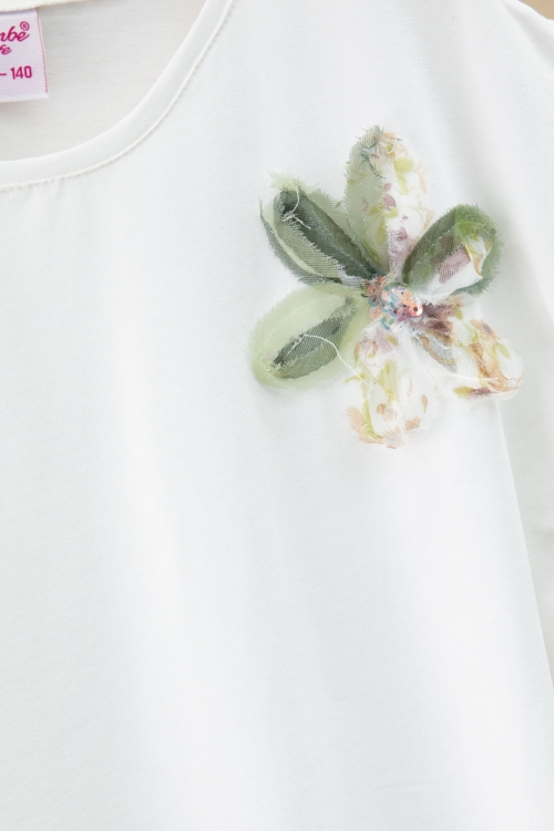 Haki Çiçek İşlemeli Tüllü Etekli Kısa Kol Bluzlu Kız Çocuk 2li Takım 21047