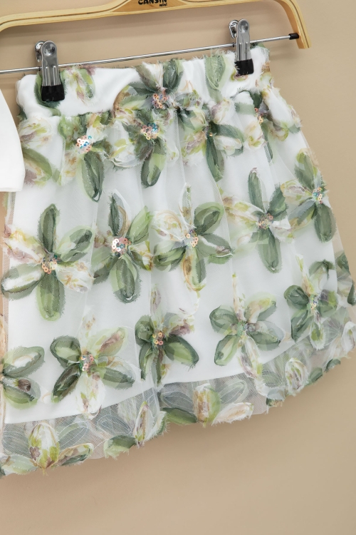 Haki Çiçek İşlemeli Tüllü Etekli Kısa Kol Bluzlu Kız Çocuk 2li Takım 21047