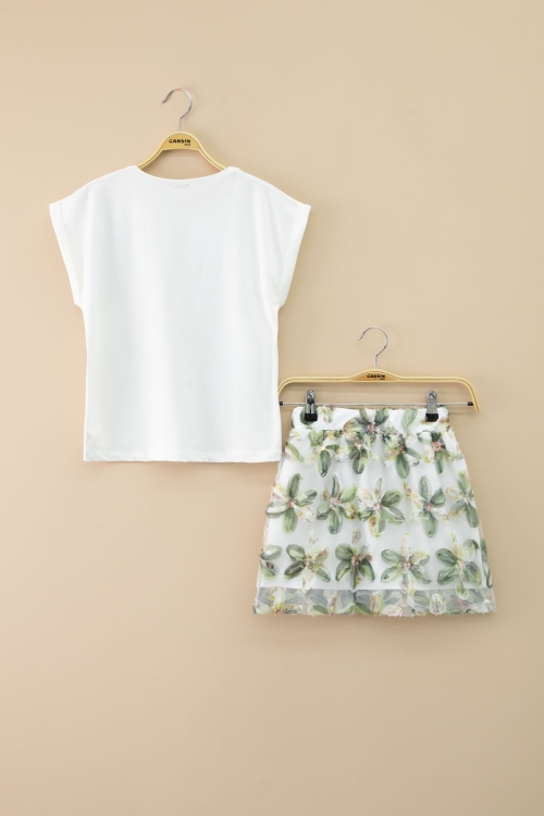 Haki Çiçek İşlemeli Tüllü Etekli Kısa Kol Bluzlu Kız Çocuk 2li Takım 21047