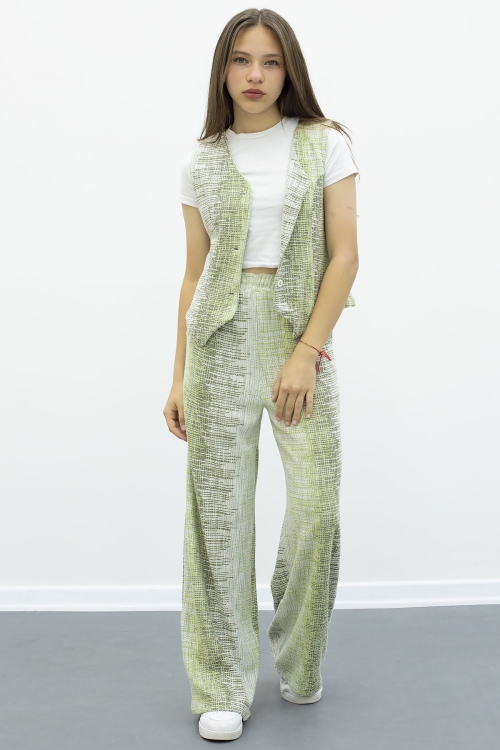 Haki Düğmeli Yelekli Geniş Paça Kuşaklı Pantolonlu Kız Çocuk 2li Takım 21009