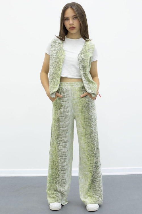 Haki Düğmeli Yelekli Geniş Paça Kuşaklı Pantolonlu Kız Çocuk 2li Takım 21009