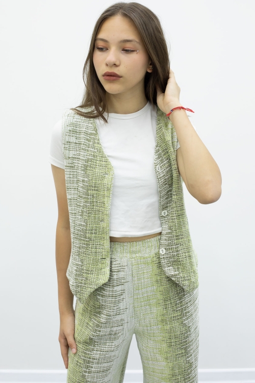 Haki Düğmeli Yelekli Geniş Paça Kuşaklı Pantolonlu Kız Çocuk 2li Takım 21009