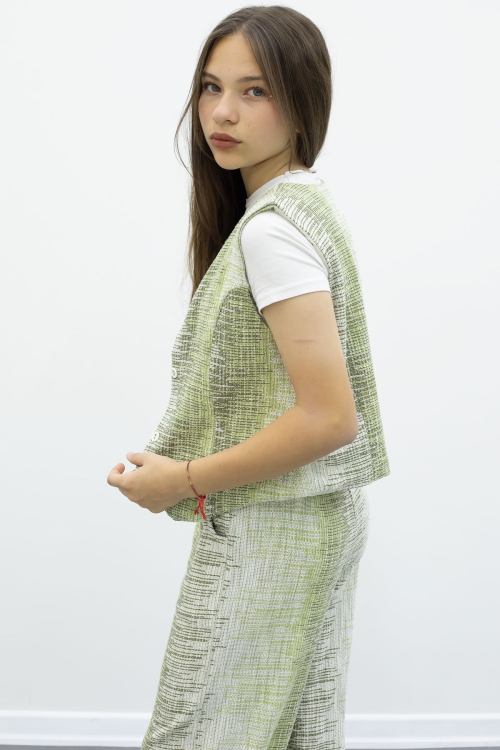 Haki Düğmeli Yelekli Geniş Paça Kuşaklı Pantolonlu Kız Çocuk 2li Takım 21009