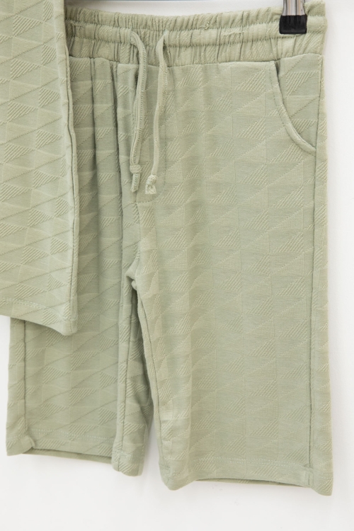 Haki Kare Desenli Bisiklet Yaka Tişörtlü Erkek Çocuk Şortlu Takım 20783