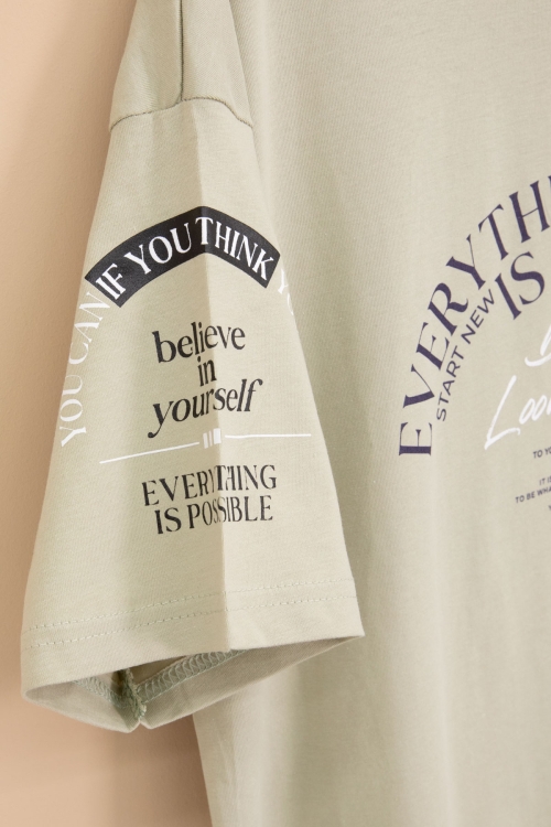 Haki Kolu Yazı Detaylı Bisiklet Yaka Erkek Çocuk Tişört 20903