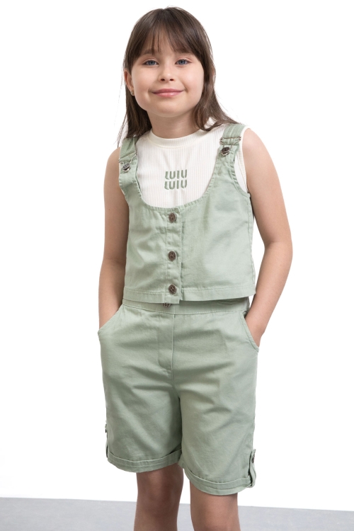 Haki Sıfır Kol Badili Düğmeli Yelekli Kız Çocuk 3lü Şortlu Takım 21035