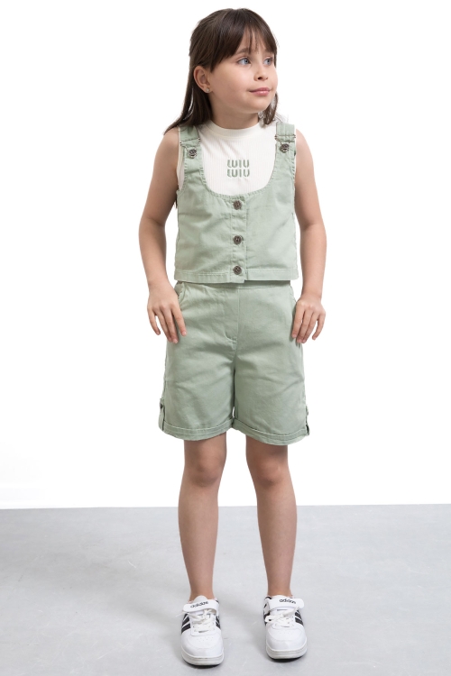 Haki Sıfır Kol Badili Düğmeli Yelekli Kız Çocuk 3lü Şortlu Takım 21035