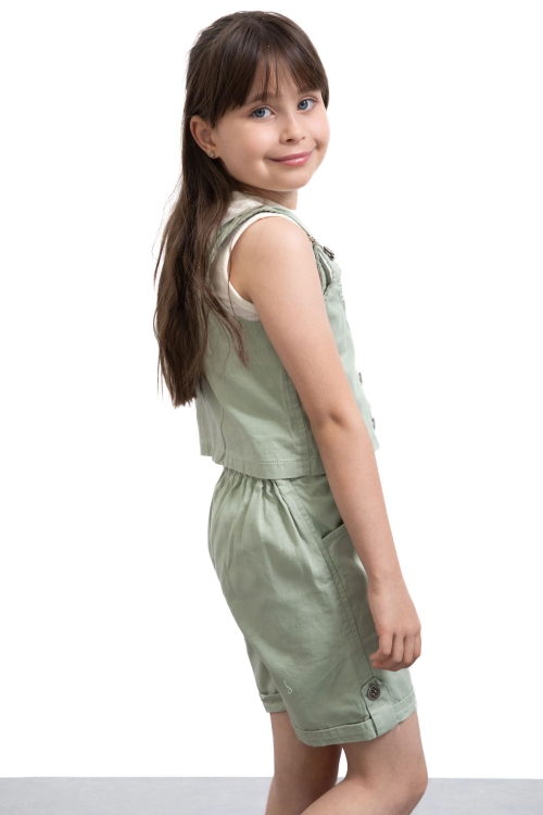 Haki Sıfır Kol Badili Düğmeli Yelekli Kız Çocuk 3lü Şortlu Takım 21035