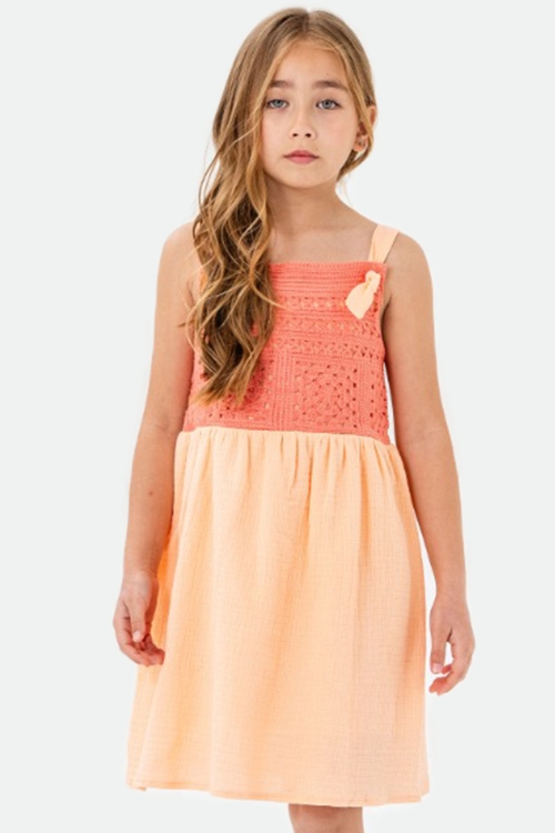 Turuncu Dantel Detaylı Müslin Kız Çocuk Elbise 21085
