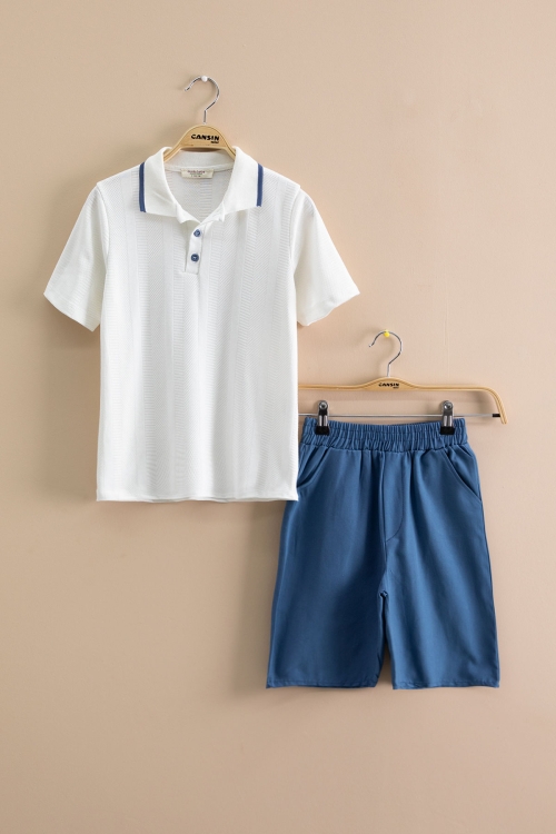 İndigo Çizgi Desenli Polo Yaka Düğmeli Erkek Çocuk Şortlu 2li Takım 21116
