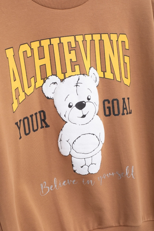 Kahve Ayıcık Baskılı İspanyol Paça Pantolonlu Kız Çocuk Takım 18571