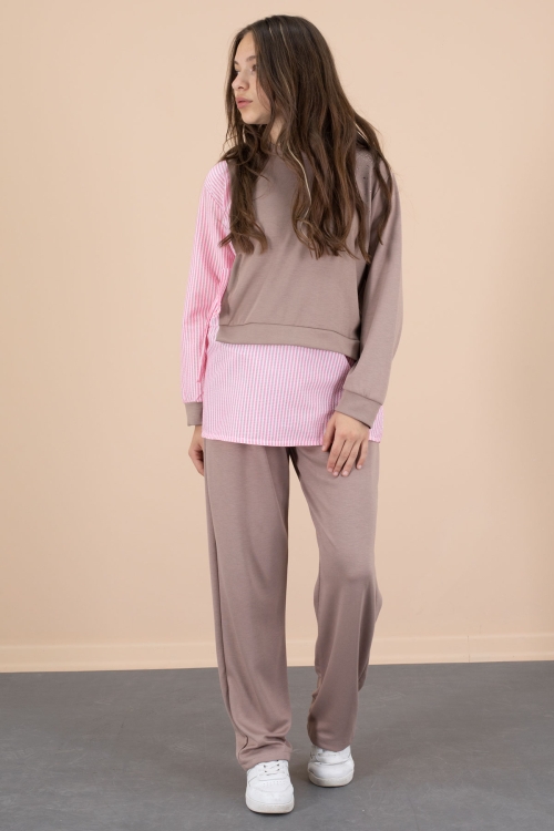 Kahve Çizgi Desenli Taş Detaylı Bluzlu Kız Çocuk Kuşaklı Pantolonlu 2li Takım 20660