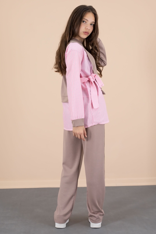 Kahve Çizgi Desenli Taş Detaylı Bluzlu Kız Çocuk Kuşaklı Pantolonlu 2li Takım 20660