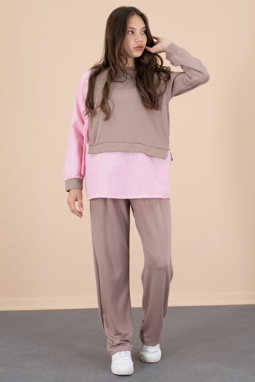 Kahve Çizgi Desenli Taş Detaylı Bluzlu Kız Çocuk Kuşaklı Pantolonlu 2li Takım 20660