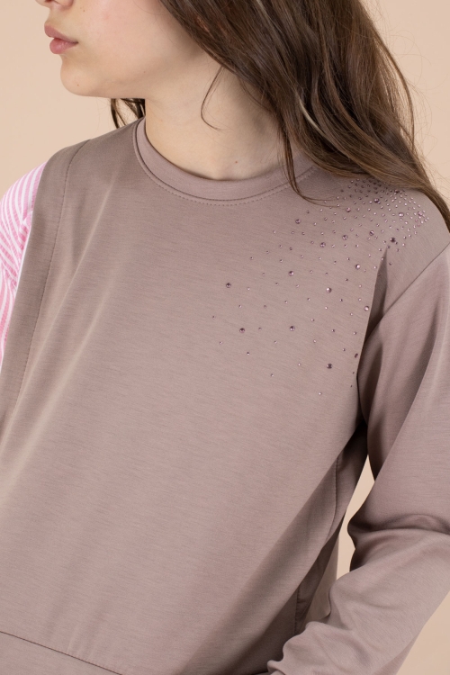 Kahve Çizgi Desenli Taş Detaylı Bluzlu Kız Çocuk Kuşaklı Pantolonlu 2li Takım 20660