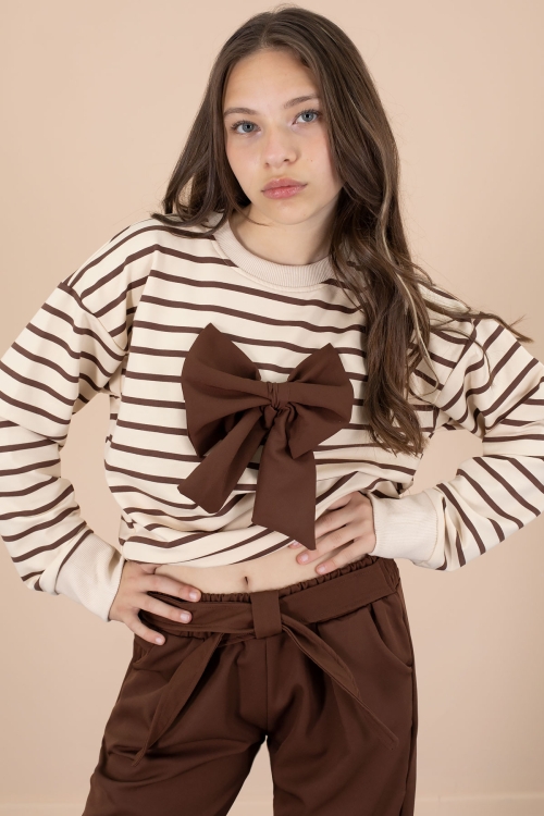 Kahve Çizgili Sweatshirt Kuşaklı Pantolonlu Kız Çocuk Takım 20654