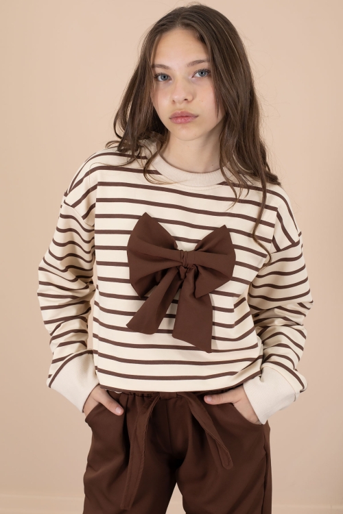 Kahve Çizgili Sweatshirt Kuşaklı Pantolonlu Kız Çocuk Takım 20654