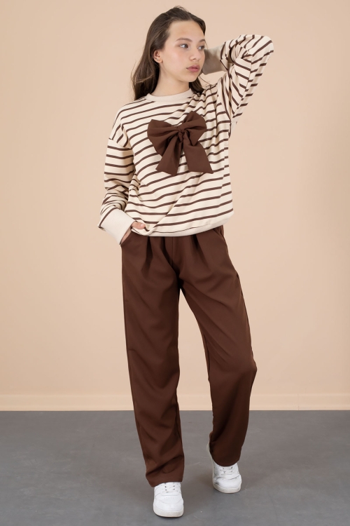 Kahve Çizgili Sweatshirt Kuşaklı Pantolonlu Kız Çocuk Takım 20654