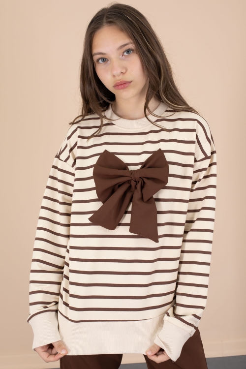 Kahve Çizgili Sweatshirt Kuşaklı Pantolonlu Kız Çocuk Takım 20654