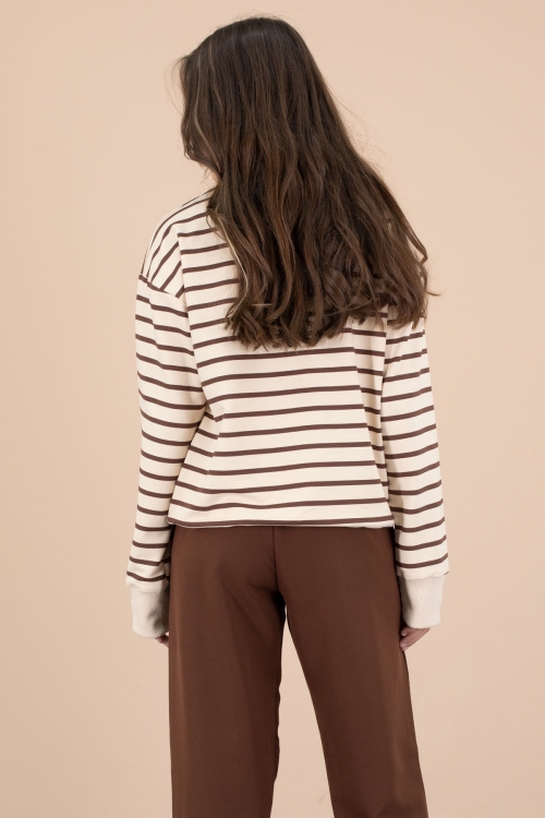 Kahve Çizgili Sweatshirt Kuşaklı Pantolonlu Kız Çocuk Takım 20654