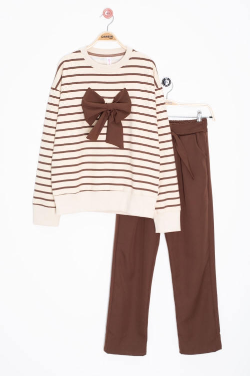 Kahve Çizgili Sweatshirt Kuşaklı Pantolonlu Kız Çocuk Takım 20654