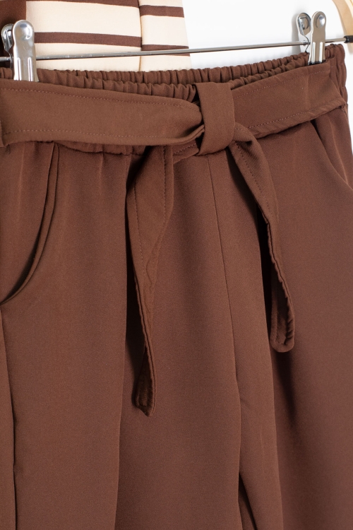 Kahve Çizgili Sweatshirt Kuşaklı Pantolonlu Kız Çocuk Takım 20654