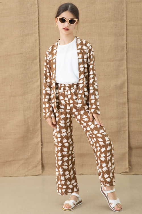 Kahve Desenli Bluzlu Geniş Paça Pantolonlu Kız Çocuk 3lü Takım 20761